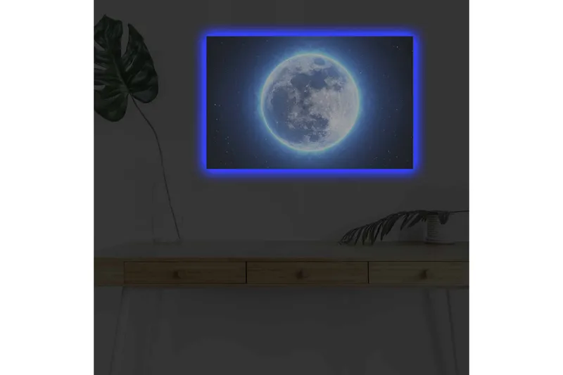 Canvas-taulu LED-valaistuksella - Valoisa täysikuu tähtien ympäröimänä - Sininen / Valkoinen / Tummansininen - Sisustustuotteet - Taulu & taide - Canvas-taulu