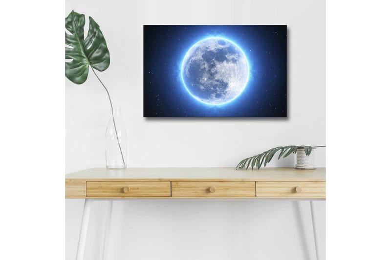 Canvas-taulu LED-valaistuksella - Valoisa täysikuu tähtien ympäröimänä, Sininen / Valkoinen / Tummansininen