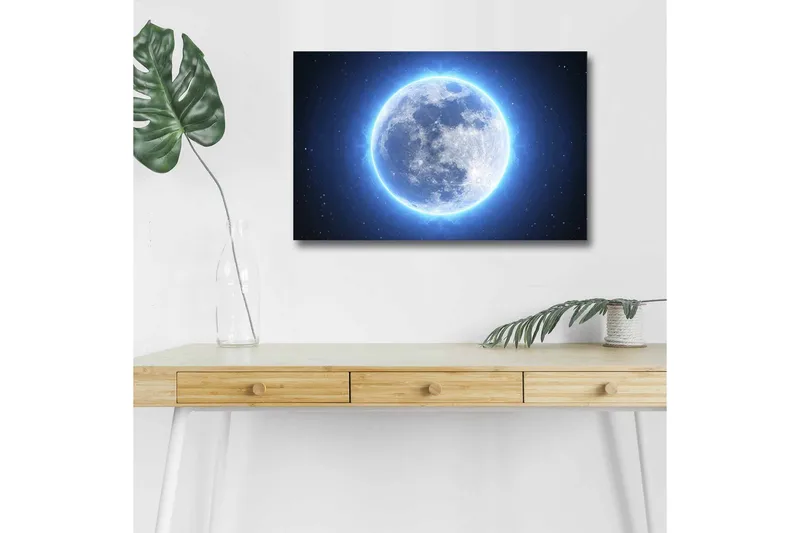 Canvas-taulu LED-valaistuksella - Valoisa täysikuu tähtien ympäröimänä, Sininen / Valkoinen / Tummansininen
