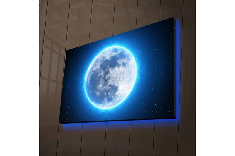 Canvas-taulu LED-valaistuksella - Valoisa täysikuu tähtien ympäröimänä - Sininen / Valkoinen / Tummansininen - Sisustustuotteet - Taulu & taide - Canvas-taulu