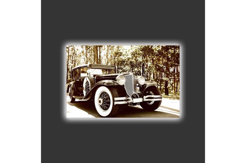 Canvas-taulu LED-valaistuksella - Vanha auto luonnonkauniissa ympäristössä - Musta / Valkoinen / Harmaa - Sisustustuotteet - Taulu & taide - Canvas-taulu