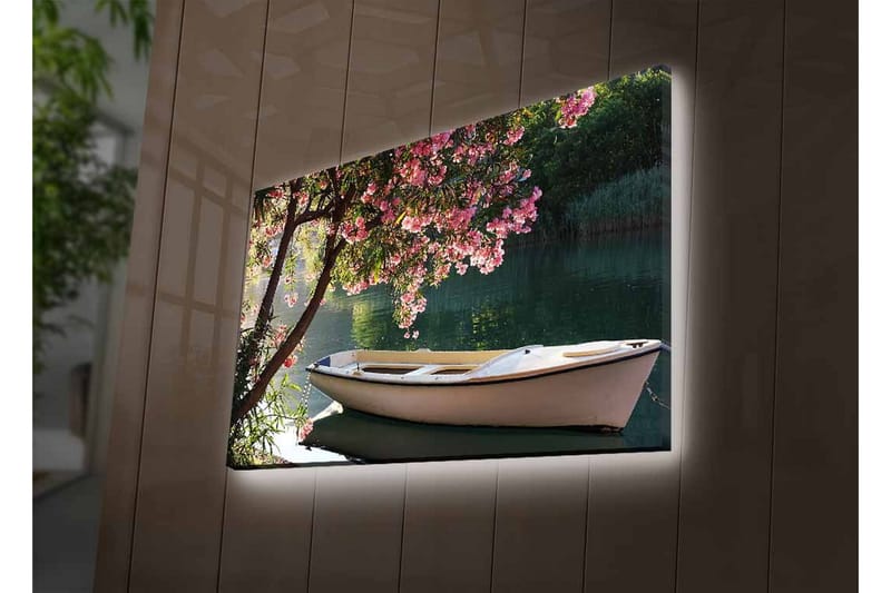 Canvas-taulu LED-valaistuksella - Vene kukkivan puun reunalla veden äärellä - Vaaleanpunainen / Vihreä / Valkoinen - Sisustustuotteet - Taulu & taide - Canvas-taulu