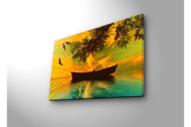 Canvas-taulu LED-valaistuksella - Veneen siluetti peilimäisillä vesillä värikkään auringonlaskun aikaan - Keltainen / Vihreä / Musta - Sisustustuotteet - Taulu & taide - Canvas-taulu
