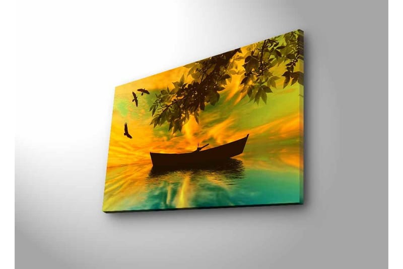 Canvas-taulu LED-valaistuksella - Veneen siluetti peilimäisillä vesillä värikkään auringonlaskun aikaan - Keltainen / Vihreä / Musta - Sisustustuotteet - Taulu & taide - Canvas-taulu