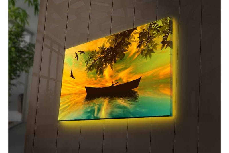 Canvas-taulu LED-valaistuksella - Veneen siluetti peilimäisillä vesillä värikkään auringonlaskun aikaan - Keltainen / Vihreä / Musta - Sisustustuotteet - Taulu & taide - Canvas-taulu