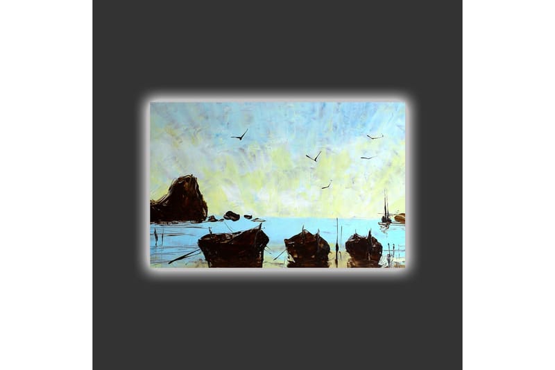 Canvas-taulu LED-valaistuksella - Veneitä tyynellä merenrannalla kirkkaan taivaan alla - Sininen / Ruskea / Keltainen - Sisustustuotteet - Taulu & taide - Canvas-taulu