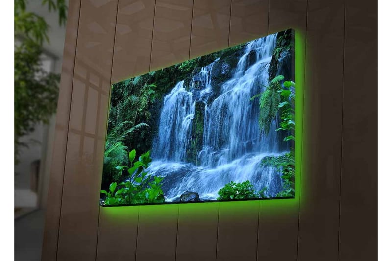 Canvas-taulu LED-valaistuksella - Vesiputous rehevän vehreyden ympäröimänä - Vihreä / Sininen / Valkoinen - Sisustustuotteet - Taulu & taide - Canvas-taulu
