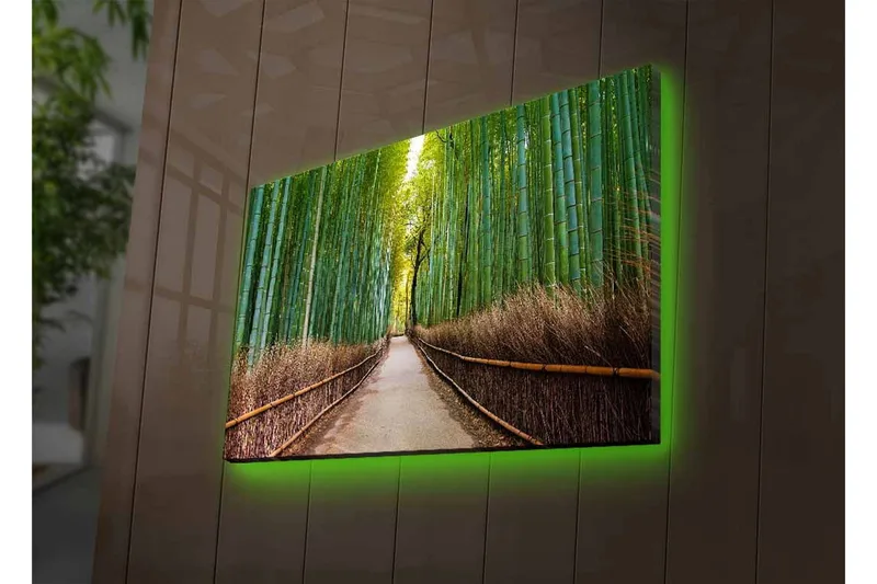 Canvas-taulu LED-valaistuksella - Vihreä bambumetsä ja polku puiden läpi - Vihreä / Ruskea - Sisustustuotteet - Taulu & taide - Canvas-taulu