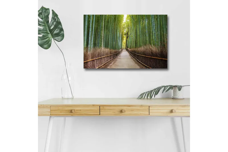 Canvas-taulu LED-valaistuksella - Vihreä bambumetsä ja polku puiden läpi, Vihreä / Ruskea