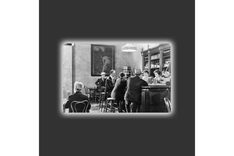 Canvas-taulu LED-valaistuksella - Vilkas baarinäkymä ihmisten kanssa keskustellen ja vuorovaikutuksessa - Musta / Valkoinen / Harmaa - Sisustustuotteet - Taulu & taide - Canvas-taulu