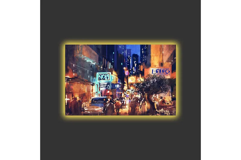 Canvas-taulu LED-valaistuksella - Vilkas kaupunkikuva yöelämän ja autojen kera - Tummansininen / Oranssi / Vihreä - Sisustustuotteet - Taulu & taide - Canvas-taulu