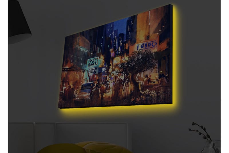 Canvas-taulu LED-valaistuksella - Vilkas kaupunkikuva yöelämän ja autojen kera - Tummansininen / Oranssi / Vihreä - Sisustustuotteet - Taulu & taide - Canvas-taulu