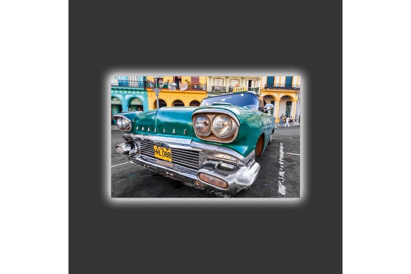 Canvas-taulu LED-valaistuksella - Vintage-auto retrotyyliin vihreällä sävyllä - Vihreä / Hopea / Musta - Sisustustuotteet - Taulu & taide - Canvas-taulu