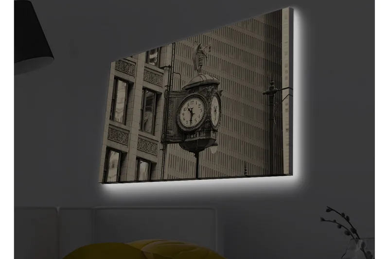 Canvas-taulu LED-valaistuksella - Vintage-seinäkello yksityiskohtaisella muotoilulla, Musta / Harmaa / Valkoinen