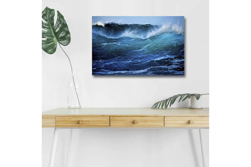Canvas-taulu LED-valaistuksella - Voimakas valtameren aalto vaahtohuippuineen - Tummansininen / Turkoosi / Valkoinen - Sisustustuotteet - Taulu & taide - Canvas-taulu