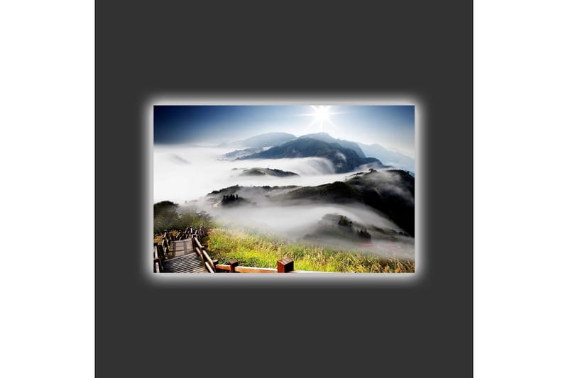 Canvas-taulu LED-valaistuksella - Vuoristomaisema sumulla ja auringonsäteillä - Vihreä / Sininen / Valkoinen - Sisustustuotteet - Taulu & taide - Canvas-taulu