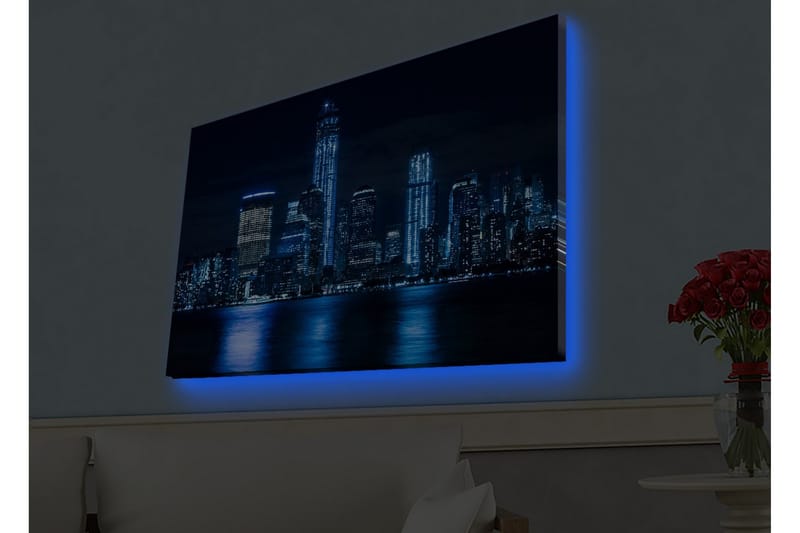 Canvas-taulu LED-valaistuksella - Yöllinen kaupunkikuva valaistuilla pilvenpiirtäjillä, Tummansininen / Musta / Vaaleansininen