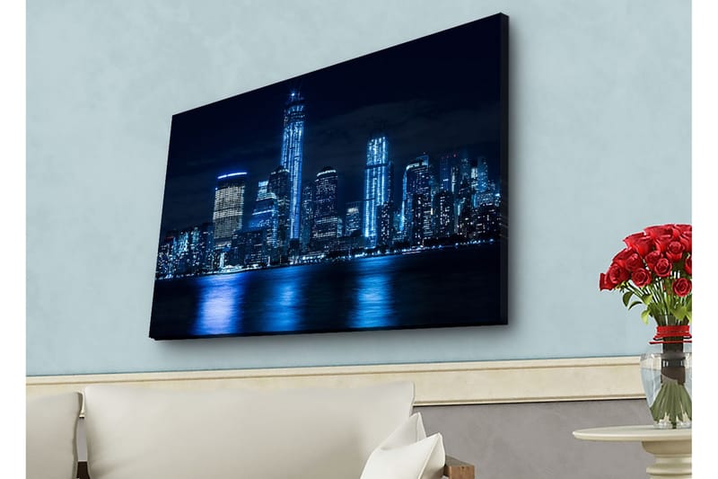 Canvas-taulu LED-valaistuksella - Yöllinen kaupunkikuva valaistuilla pilvenpiirtäjillä - Tummansininen / Musta / Vaaleansininen - Sisustustuotteet - Taulu & taide - Canvas-taulu