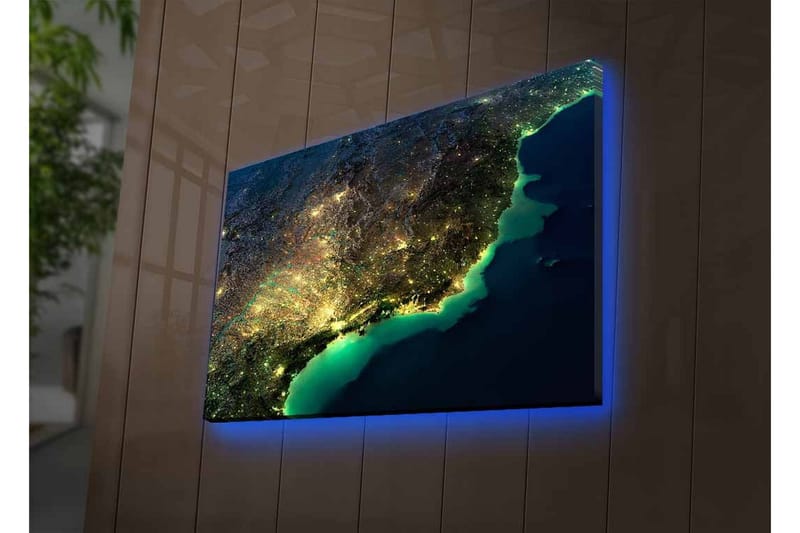 Canvas-taulu LED-valaistuksella - Yönäkymä kaupungista valoineen ja merellä - Tummansininen / Vihreä / Keltainen - Sisustustuotteet - Taulu & taide - Canvas-taulu