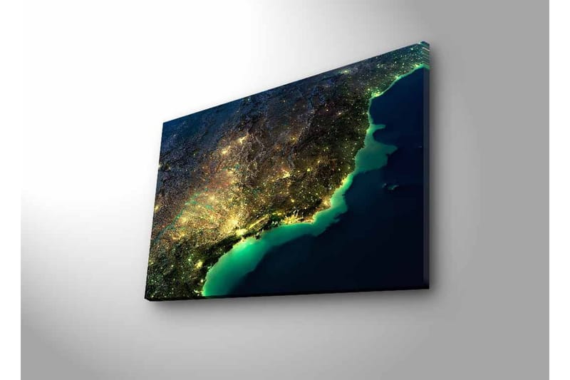 Canvas-taulu LED-valaistuksella - Yönäkymä kaupungista valoineen ja merellä - Tummansininen / Vihreä / Keltainen - Sisustustuotteet - Taulu & taide - Canvas-taulu