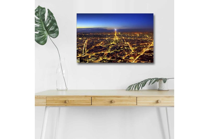 Canvas-taulu LED-valaistuksella - Yönäkymä Pariisista, pääosassa Eiffel-torni, Tummansininen / Kultainen / Musta