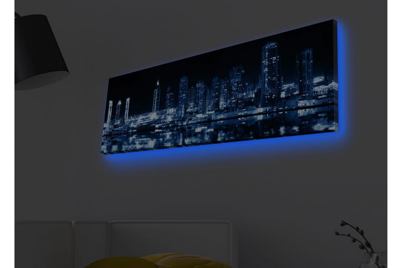 Canvas-taulu LED-valaistuksella - Yön kaupunkisiluetti valaistuilla pilvenpiirtäjillä - Tummansininen / Musta / Valkoinen - Sisustustuotteet - Taulu & taide - Canvas-taulu