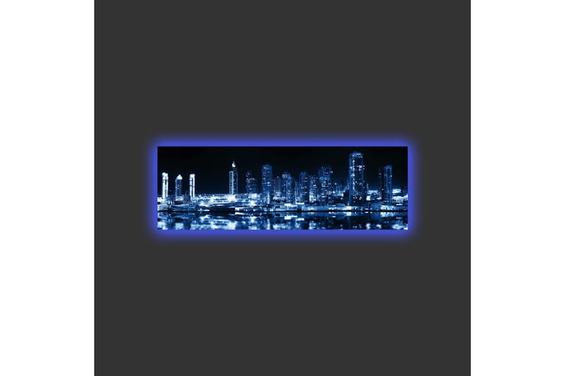 Canvas-taulu LED-valaistuksella - Yön kaupunkisiluetti valaistuilla pilvenpiirtäjillä - Tummansininen / Musta / Valkoinen - Sisustustuotteet - Taulu & taide - Canvas-taulu