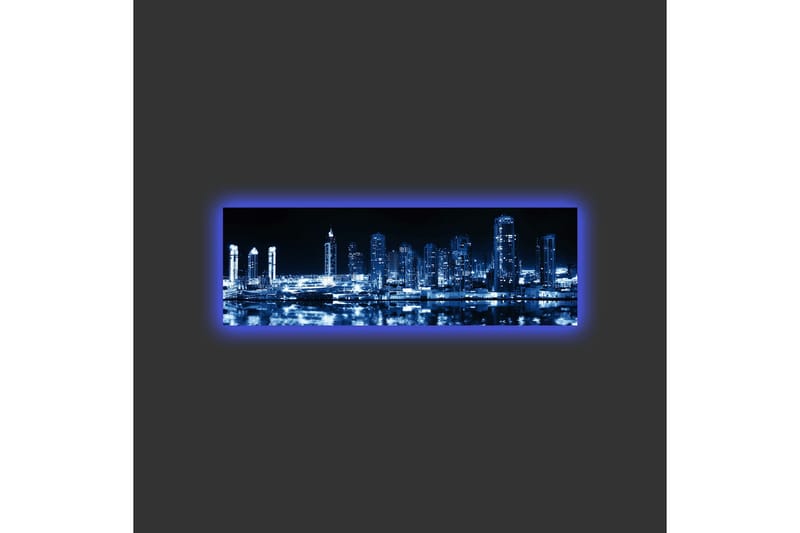 Canvas-taulu LED-valaistuksella - Yön kaupunkisiluetti valaistuilla pilvenpiirtäjillä - Tummansininen / Musta / Valkoinen - Sisustustuotteet - Taulu & taide - Canvas-taulu