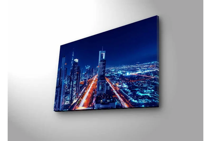 Canvas-taulu LED-valaistuksella - Yön kaupunkisiluetti valaistuilla pilvenpiirtäjillä - Tummansininen / Vaaleanoranssi / Valkoinen - Sisustustuotteet - Taulu & taide - Canvas-taulu