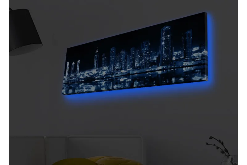 Canvas-taulu LED-valaistuksella - Yön kaupunkisiluetti valaistuilla pilvenpiirtäjillä, Tummansininen / Musta / Valkoinen