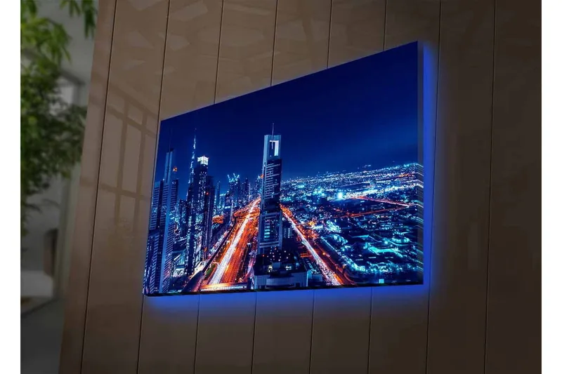 Canvas-taulu LED-valaistuksella - Yön kaupunkisiluetti valaistuilla pilvenpiirtäjillä - Tummansininen / Vaaleanoranssi / Valkoinen - Sisustustuotteet - Taulu & taide - Canvas-taulu