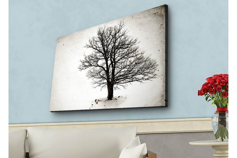 Canvas-taulu LED-valaistuksella - Yksinäinen, paljas puunlatvus valkoista taustaa vasten - Musta / Valkoinen - Sisustustuotteet - Taulu & taide - Canvas-taulu