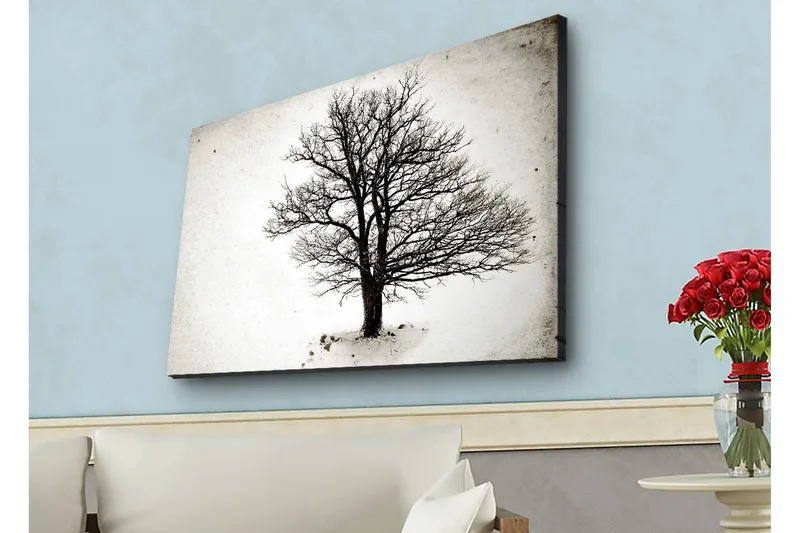 Canvas-taulu LED-valaistuksella - Yksinäinen, paljas puunlatvus valkoista taustaa vasten - Musta / Valkoinen - Sisustustuotteet - Taulu & taide - Canvas-taulu