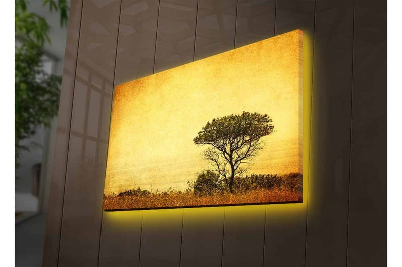 Canvas-taulu LED-valaistuksella - Yksinäisen puun siluetti kultaista taivasta vasten - Kulta / Ruskea / Musta - Sisustustuotteet - Taulu & taide - Canvas-taulu