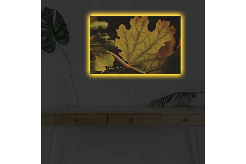 Canvas-taulu LED-valaistuksella - Yksityiskohtainen sommittelu vihreistä ja kultaisista lehdistä - Vihreä / Kultainen - Sisustustuotteet - Taulu & taide - Canvas-taulu