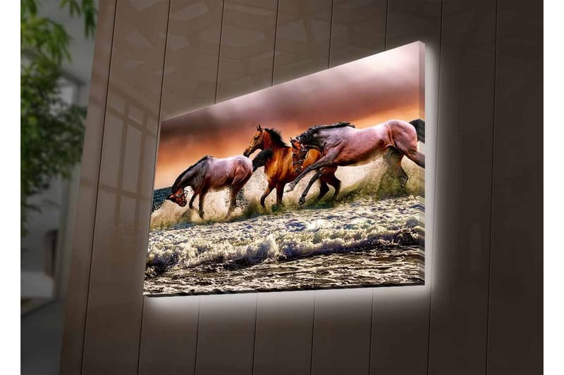 Canvas-taulu LED-valaistuksella - Ylenpalttiset hevoset laukkaamassa aaltojen läpi meren rannalla - Ruskea / Beige / Sininen - Sisustustuotteet - Taulu & taide - Canvas-taulu