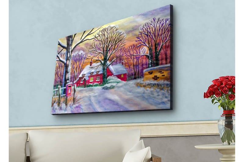 Canvas-taulu LED-valaistuksella - Punainen mökki lumisten puiden ja talvimaiseman ympäröimänä, Punainen / Valkoinen / Violetti