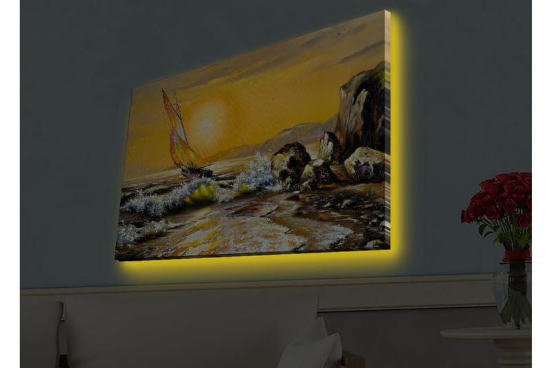 Canvas-taulu LED-valaistuksella - Purjevene kultaisella meren horisontilla - Kulta / Sininen / Vihreä - Sisustustuotteet - Taulu & taide - Canvas-taulu