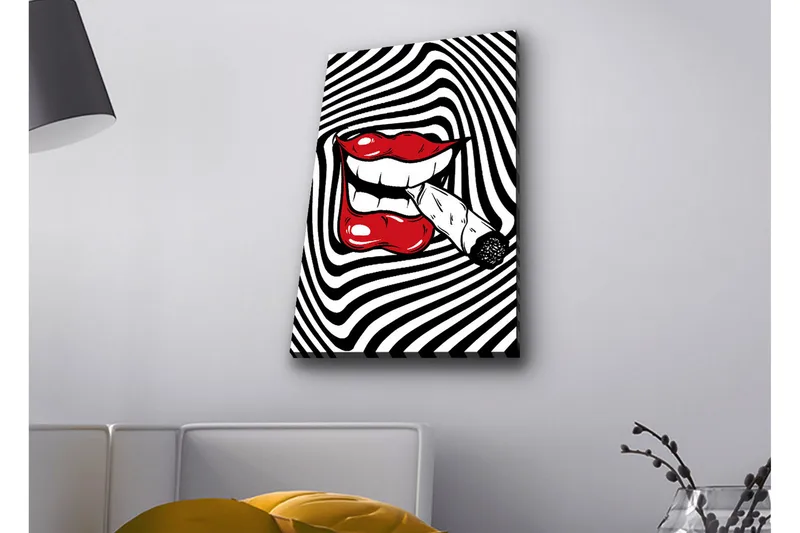 Canvas-taulu LED-valaistuksella - Punaiset huulet ja savuke suussa mustavalkoista spiraalimaista taustaa vasten, Punainen / Musta / Valkoinen