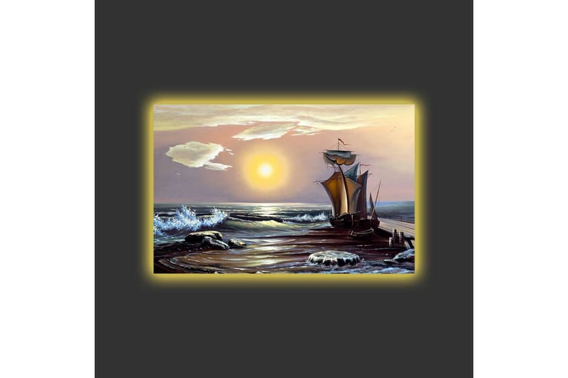 Canvas-taulu LED-valaistuksella - Purjevene aurinkoisella merenrannalla aaltojen ja kivien kanssa - Sininen / Oranssi / Ruskea - Sisustustuotteet - Taulu & taide - Canvas-taulu