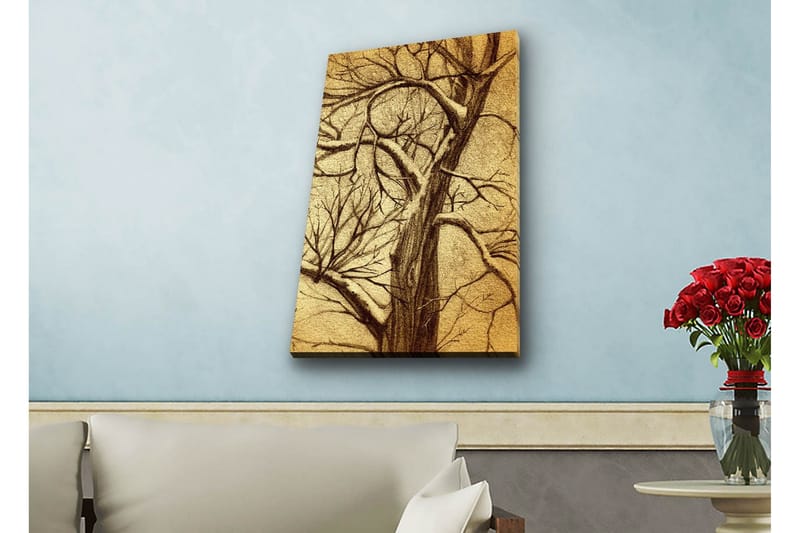Canvas-taulu LED-valaistuksella - Puu oksilla tyylitellyssä, kultaisessa sommitelmassa, Kulta / Ruskea