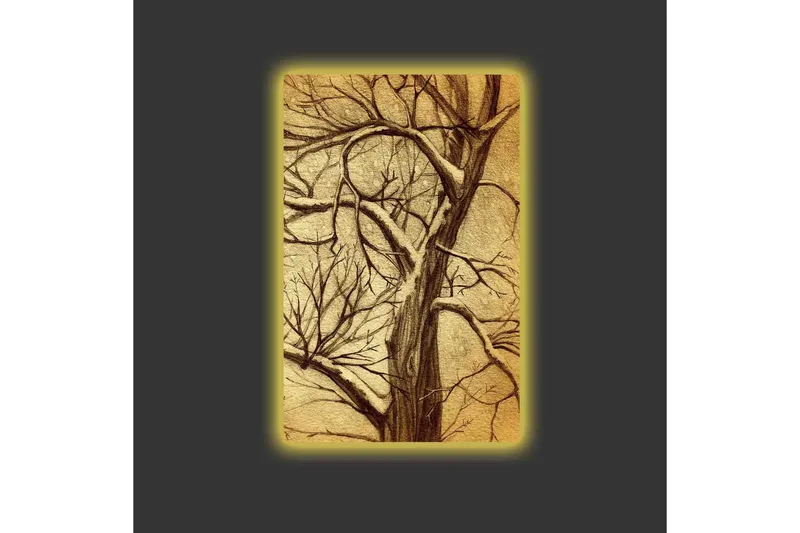 Canvas-taulu LED-valaistuksella - Puu oksilla tyylitellyssä, kultaisessa sommitelmassa - Kulta / Ruskea - Sisustustuotteet - Taulu & taide - Canvas-taulu