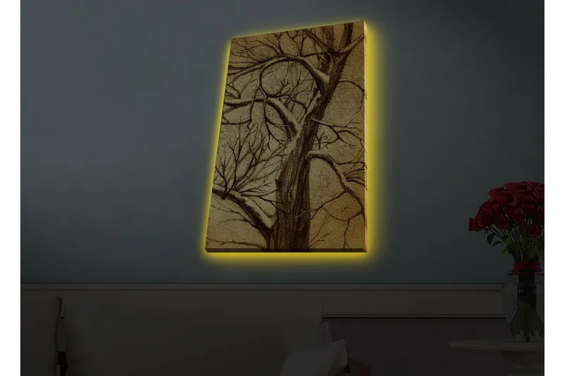 Canvas-taulu LED-valaistuksella - Puu oksilla tyylitellyssä, kultaisessa sommitelmassa - Kulta / Ruskea - Sisustustuotteet - Taulu & taide - Canvas-taulu