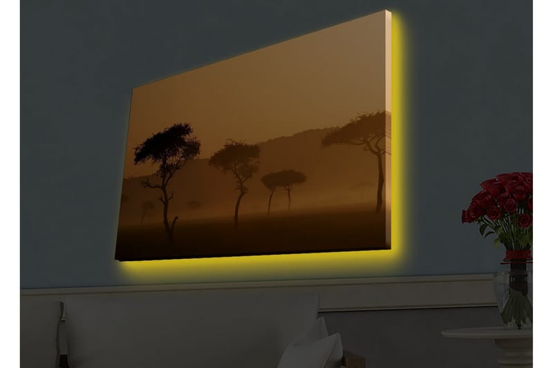Canvas-taulu LED-valaistuksella - Puiden siluetit sumuisessa, kultaisessa maisemassa - Kulta / Musta - Sisustustuotteet - Taulu & taide - Canvas-taulu