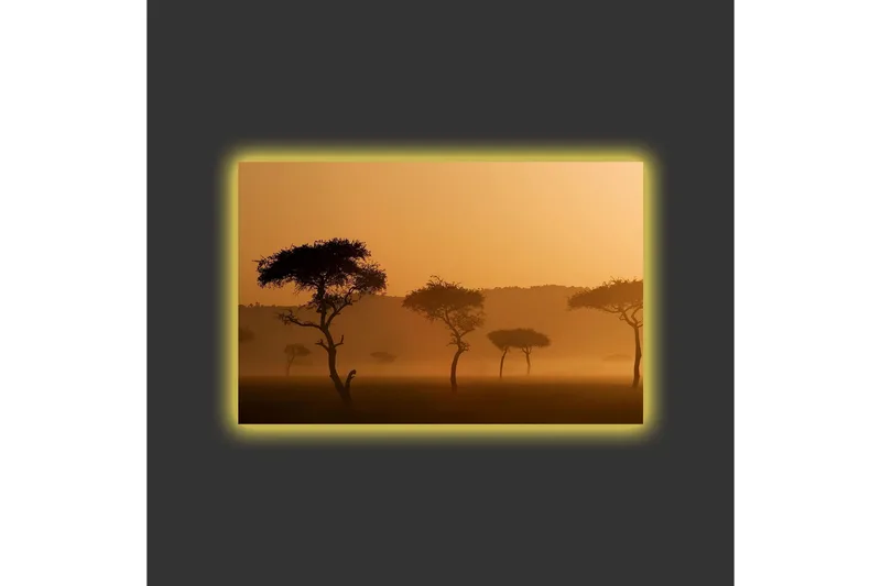 Canvas-taulu LED-valaistuksella - Puiden siluetit sumuisessa, kultaisessa maisemassa - Kulta / Musta - Sisustustuotteet - Taulu & taide - Canvas-taulu