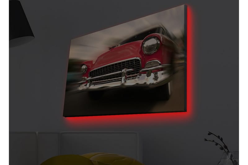 Canvas-taulu LED-valaistuksella - Punainen klassikkoauto liikkeessä - Punainen / hopea - Sisustustuotteet - Taulu & taide - Canvas-taulu