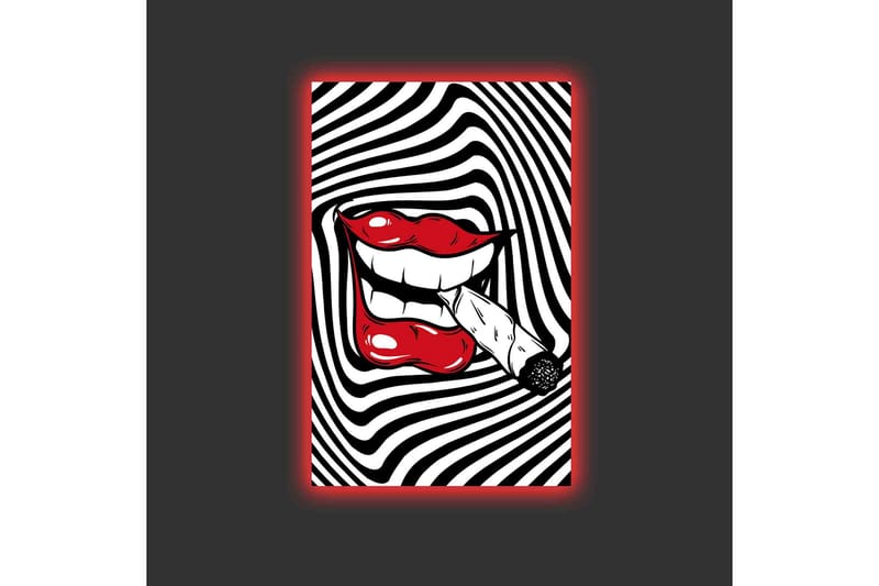 Canvas-taulu LED-valaistuksella - Punaiset huulet ja savuke suussa mustavalkoista spiraalimaista taustaa vasten - Punainen / Musta / Valkoinen - Sisustustuotteet - Taulu & taide - Canvas-taulu