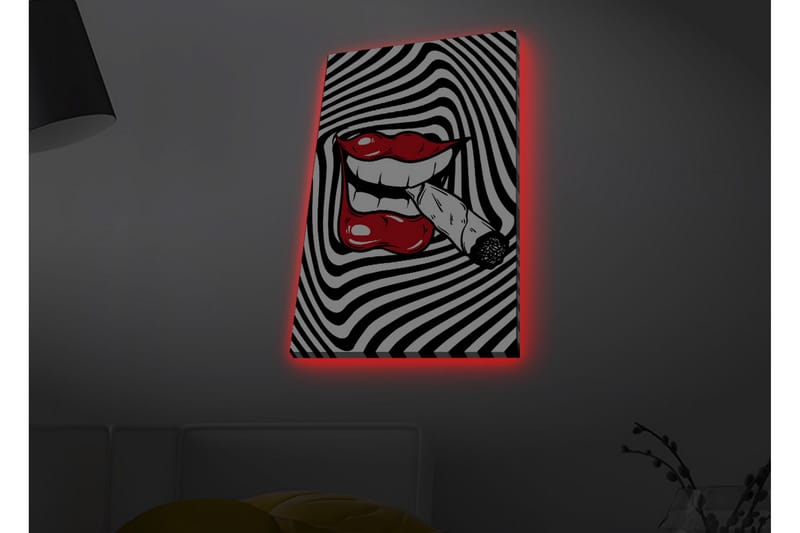 Canvas-taulu LED-valaistuksella - Punaiset huulet ja savuke suussa mustavalkoista spiraalimaista taustaa vasten - Punainen / Musta / Valkoinen - Sisustustuotteet - Taulu & taide - Canvas-taulu