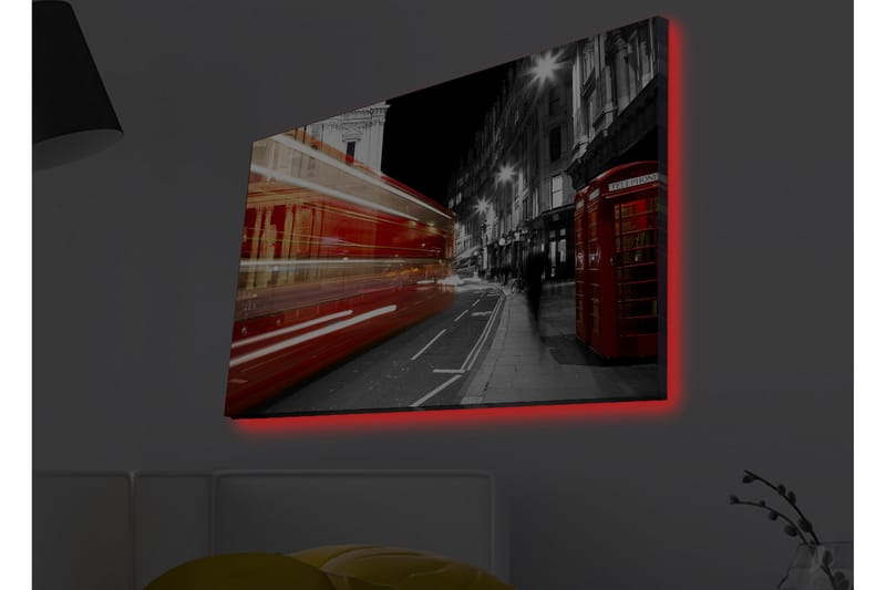 Canvas-taulu LED-valaistuksella - Punainen bussi liikkeessä mustavalkoisella kaupunkikadulla - Punainen / Musta / Harmaa - Sisustustuotteet - Taulu & taide - Canvas-taulu