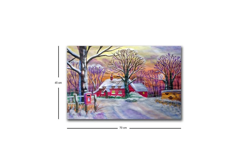Canvas-taulu LED-valaistuksella - Punainen mökki lumisten puiden ja talvimaiseman ympäröimänä - Punainen / Valkoinen / Violetti - Sisustustuotteet - Taulu & taide - Canvas-taulu